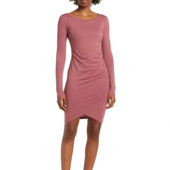 Melrose and Market Long Sleeve Side Ruched Dress, Burgundy Rose, Size XL - Picture 2 of 5